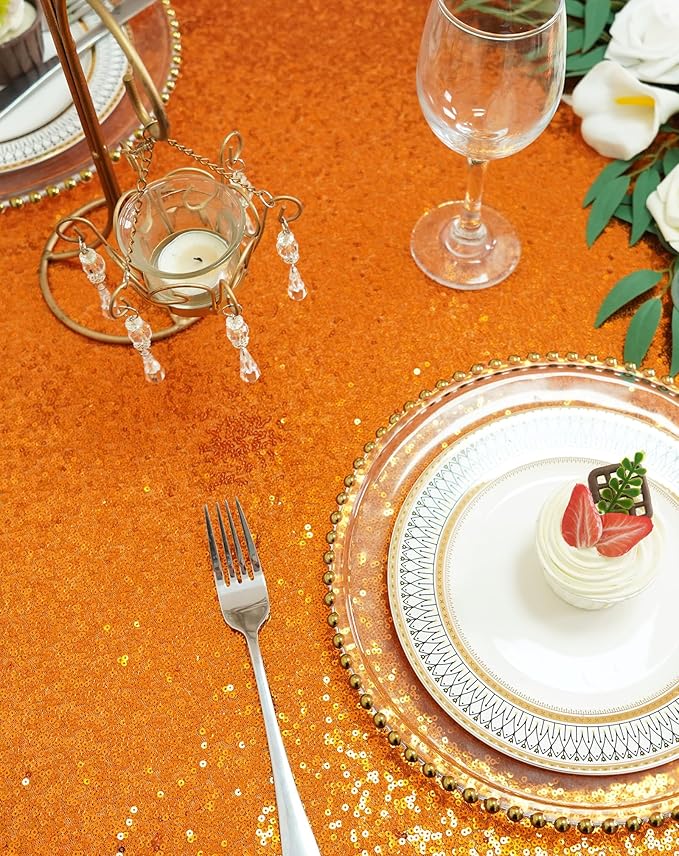 Eternal Beauty Orange Tablecloth, 60x102 Inch Sequin Rectangle Table Cover for Cake Dessert Exhibition Party Birthday Events