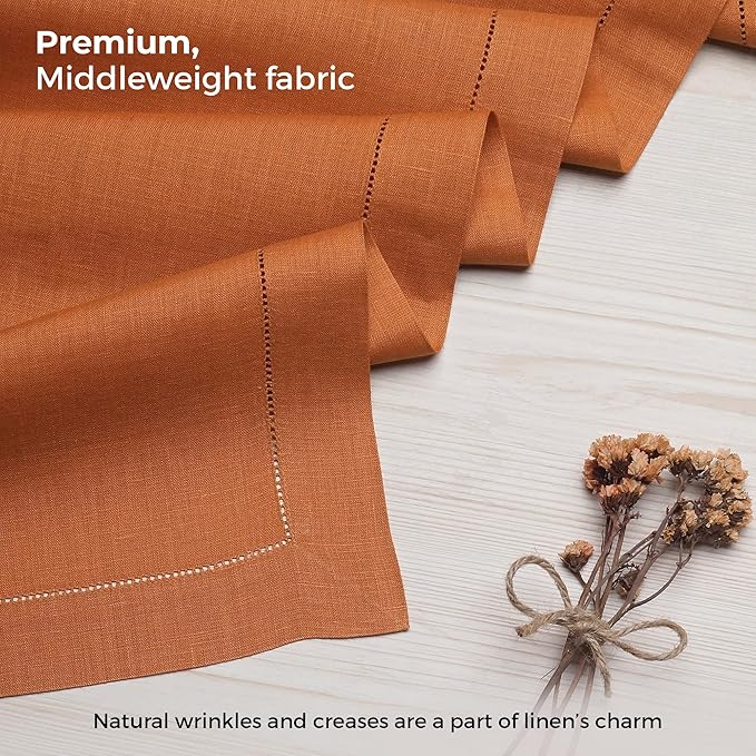D'Moksha Homes Linen Rust Table Runner 36 Inches - 100% Pure Linen Small Table Runner 14 x 36 Inch Ideal for Dresser, Coffee Tables, Spring, Easter - Classic Hemstitch
