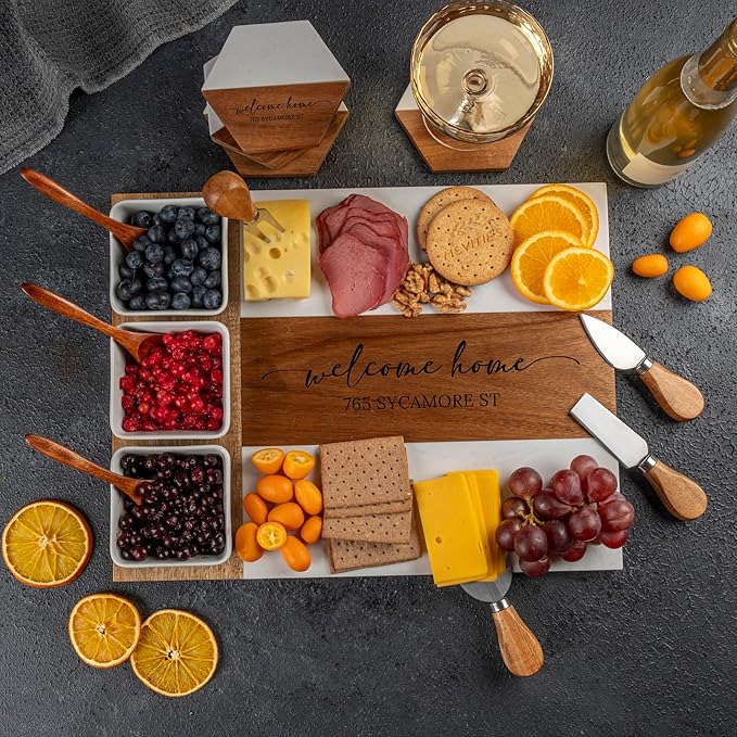 Personalized Charcuterie Board - Custom Engraved Wooden Marble Cheese Boards for Bridal Shower, Wedding, Housewarming, Anniversary, Birthday for Couples, Valentines Day Gifts for Her, Women