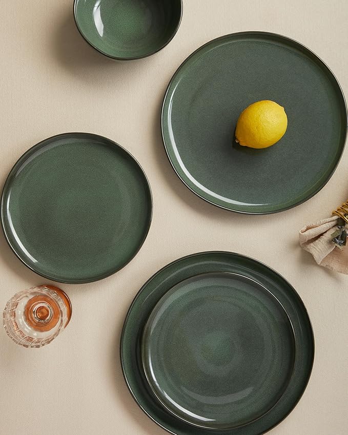 Large Holiday Dinnerware Sets for 8, Ceramic Plates and Bowls Set, Kitchen Dish Set, Microwave & Dishwasher Safe Dishware, Perfect for Christmas & Thanksgiving, Forest Green