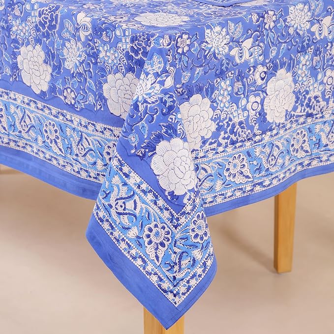 Hand Block Printed Table Cover - Exquisite Design, Premium Cotton Fabric, Perfect for Dining and Decor, Dining Table Linen(Prussian Blue,12 Seater 72 x 135 Inches Rectangle)