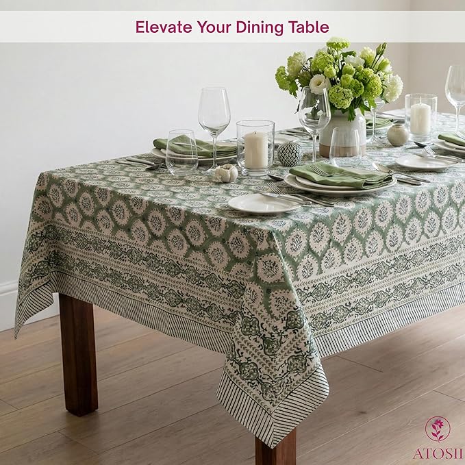 ATOSII Kari Green 100% Cotton Rectangle Boho Summer Tablecloth, Block Print Floral Table Cloth Linen for Dining, Parties, Wedding, Outdoors Home Decor 60 X 108 Inches I 8 Seater I