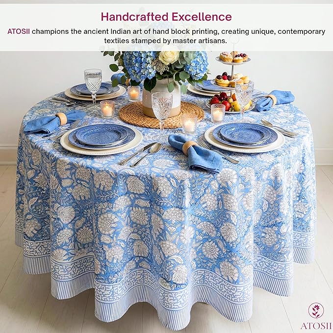 ATOSII Azora Blue 100% Cotton Round Tablecloth, Handblock Print Floral Table Cloth for Kitchen Dining Linen I Parties, Weddings, Outdoors I 72" Inches Round