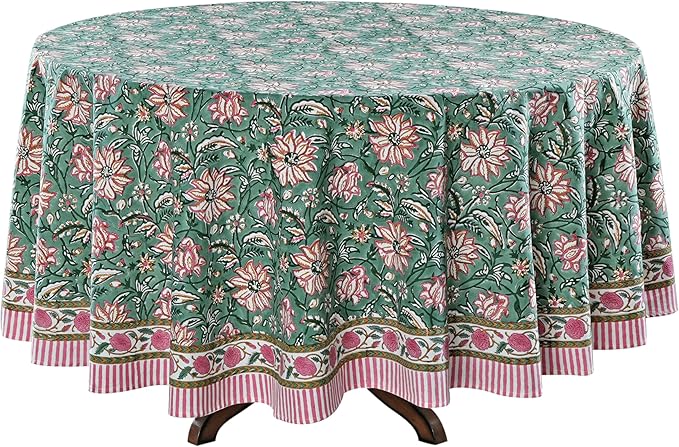 Ridhi Block Print Round Virdian Green Reusable Tablecloth 100% Cotton 132" Inch Decorative Table Cover eveyday Dining, Home, Party, Wedding, Farmhouse Gift for Spring, Easter, Valentine
