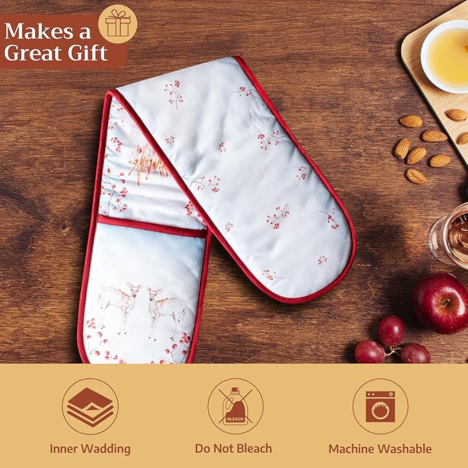 Maison d' Hermine Double Oven Mitt (7" x 35") 100% Cotton Heat Resistant BBQ Cooking Gloves with Loop for Thanksgiving Christmas Decorations Baking Cooking Handling Hot Pan (Fairy Tale Forest)