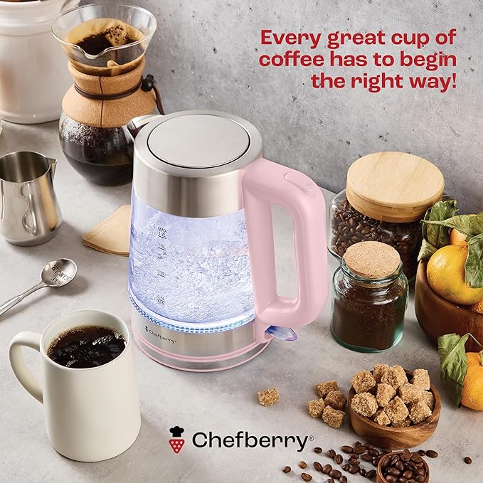 Electric Kettle for Boiling Hot Tea & Water | 1.7L Stainless Steel Borosilicate Glass Boiler With No Plastic, Automatic Shutoff, BPA Free, Fast Heating Technology (Pink)