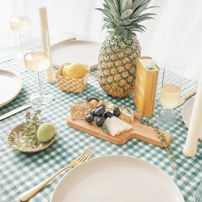 MONDAY MOOSE Gingham Checkered Farmhouse Rustic Picnic Style Decoration Rectangle Natural Stonewashed Cotton Tablecloth for Kitchen, Dining Room, Restaurant (60x102 inch, Green/White)