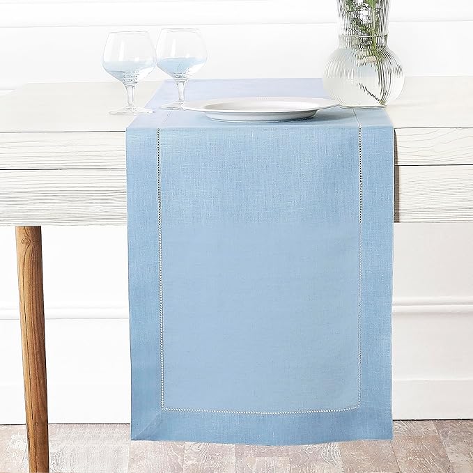 D'Moksha Homes Linen Powder Blue Table Runner 48 Inches - Classic Hemstitch, 100% Pure Linen Coffee Table Runner 14 x 48 Inch Ideal for Dresser Tables - Spring, Easter