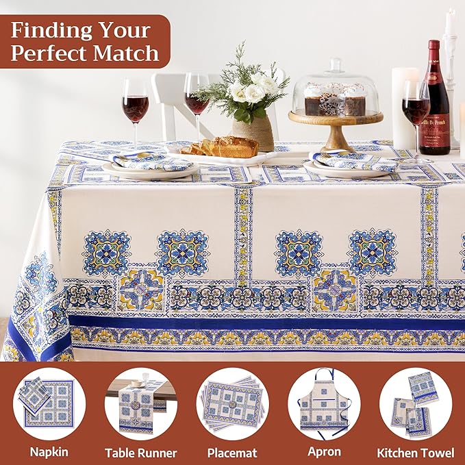 Maison d' Hermine Premium Table Cloth Rectangle Table 100% Combed Cotton 90 x 70 Inches Tablecloth Reusable Decorative for Dining Room, Farmhouse, Home, Party, Festive & Wedding - Sciacca