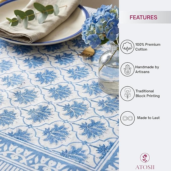ATOSII Padma Blue 100% Cotton Rectangle Summer Tablecloth, Indian Block Print Floral Table Cloth I Dining Parties Weddings Outdoors Holidays 60 X 90 Inches, 6 Seater I Grandmillennial Farmhouse Boho