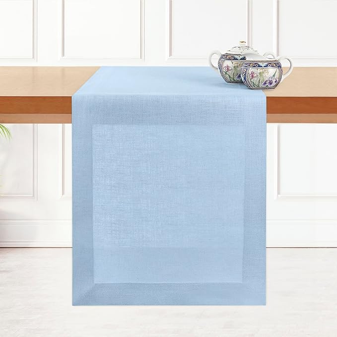 D'Moksha Homes Linen Powder Blue Table Runner 72 Inches Long - 100% Pure Linen 14 x 72 Inch Table Runner for Dining, Spring, Easter - Machine Washable