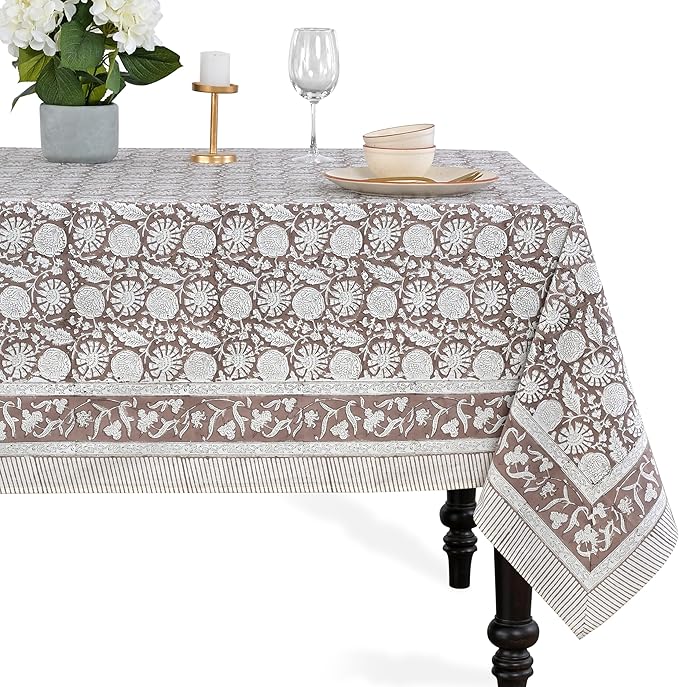 CPC Rustic Brown Tablecloth 100% Cotton 70x108 Inch Indian Block Print Rectangle Table Cover, Table Cloth for Gifting in Weddings, Halloween, Fall, Christmas, Thanksgiving