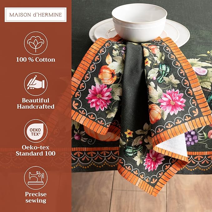Maison d' Hermine Cloth Napkins Set of 4 100% Cotton for Thanksgiving Christmas Decorations Everyday Reusable Square Fall Napkins Cloth Washable Dinner Party (Pumpkin Garden - Dark Green, 20"x20")