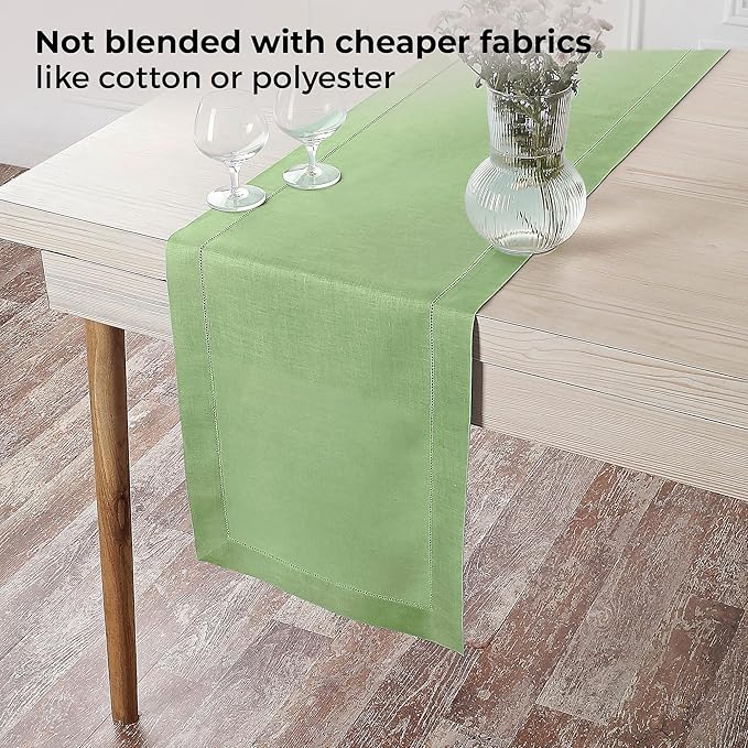 D'Moksha Homes Linen Sage Green Table Runner 60 Inches - Classic Hemstitch, 100% Pure Linen Coffee Table Runner 14 x 60 Inch Ideal for Dresser Tables - Spring, St Patricks Day, Easter