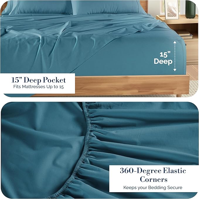 Casa Platino Sheet Set Full Size – 100% Cotton Bed Sheets Full with 4 Pillowcases, Ultra Soft & Cozy, Lightweight & Breathable, With 15" Deep Pocket Fitted Sheet, Perfect Everyday Sheets – Blue Heaven