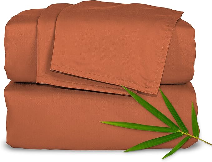 Pure Bamboo Queen Sheets, Genuine 100% Organic Viscose Derived from Bamboo Bed Sheet Set, Luxuriously Soft & Cooling, Double Stitching, 2 Year Quality Promise (Queen, Terracotta)
