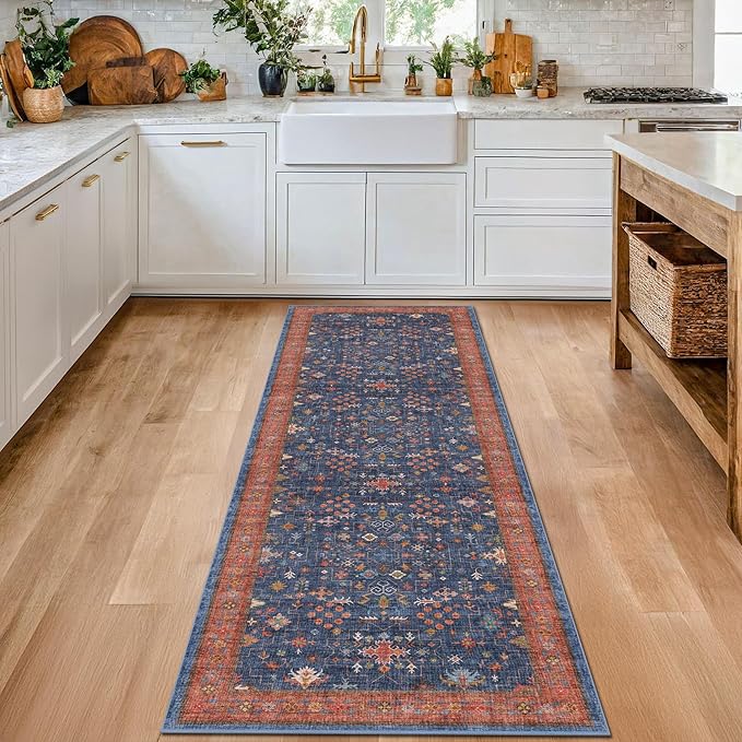Navy Blue Runner Rug 2x6 for Kitchen, Hallway, Mudroom, Laundry Room, Bathroom, Washable Non Slip Non Skid Rubber Backing Low Pile Stain Resistance