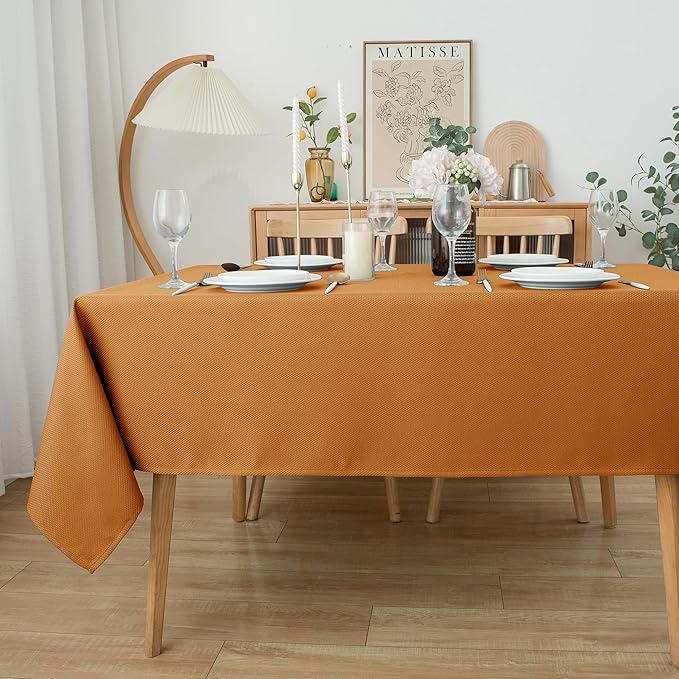 Biscaynebay Fall Tablecloth Textured Fabric 90x132 Inch Rectangular, Bronze Thanksgiving Autumn Harvest Water Resistant Fabric Tablecloths for Kitchen, Dining, Wedding, Parties Machine Washable