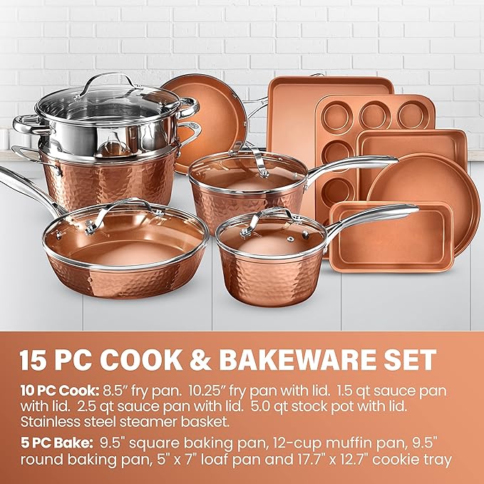 Gotham Steel Hammered 15 Pc Ceramic Cookware Set Nonstick, Induction Pots and Pans Set Non Stick with Bakeware Set & Steamer for Cooking, Non Toxic PFOA PFOS Free, Oven & Dishwasher Safe - Copper