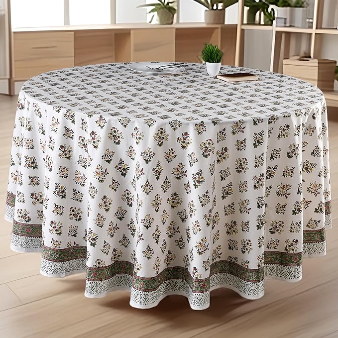 CPC Round Tablecloth- Cotton Indian Block Print Tablecloth -Handmade Printed Washable Cotton Table Cloth - Spring/Summer, Wedding Table Cover - Fall Green 90 Inch