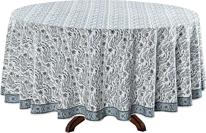 Ridhi Block Print Round Baby Blue Eyes Reusable Tablecloth 100% Cotton 60" Inch Decorative Table Cover eveyday Dining, Home, Party, Wedding, Farmhouse Gift for Spring, Easter, Valentine