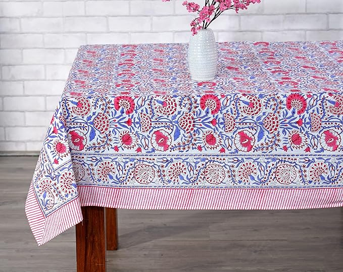 Ridhi Hand Block Print Pigeon Blue Flamingo Pink Rectangle Cotton Tablecloth 102" x 48" Reusable Table Cover Decorative Everyday Use for Dining, Farmhouse, Home Gift for Spring, Easter, Valentine