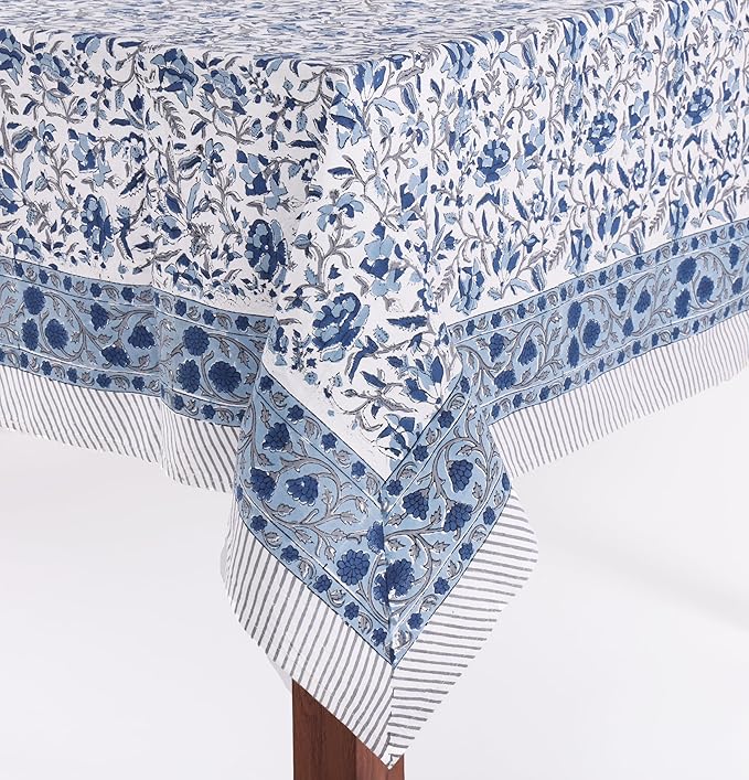 ATOSII Jodhpur Blue 100% Cotton Fall Tablecloth, Handblock Floral Print Rectangle Linen for Kitchen Dining I Parties Wedding Outdoors Holidays I Spring Summer 72 X 120 Inches I 10 Seater Table