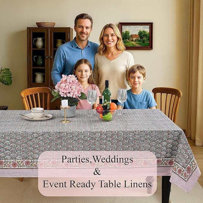 CPC Tablecloth 100% Cotton 72x190 Inch Indian Block Print Rectangle Table Cover, Gray Pink Table Cloth for Weddings, Spring/Summer, Barbeque - Labra Gray
