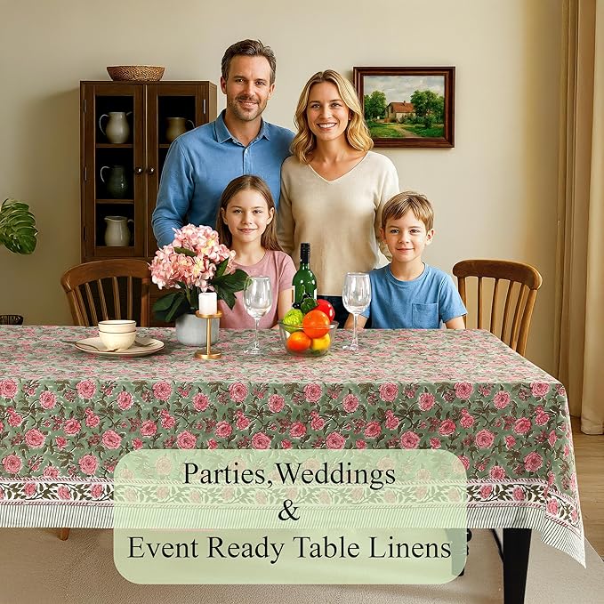 CPC Tablecloth 100% Cotton 70x108 Inch Indian Block Print Rectangle Table Cover, Gray Table Cloth for Weddings, Spring/Summer, Barbeque - Pink Tourmaline