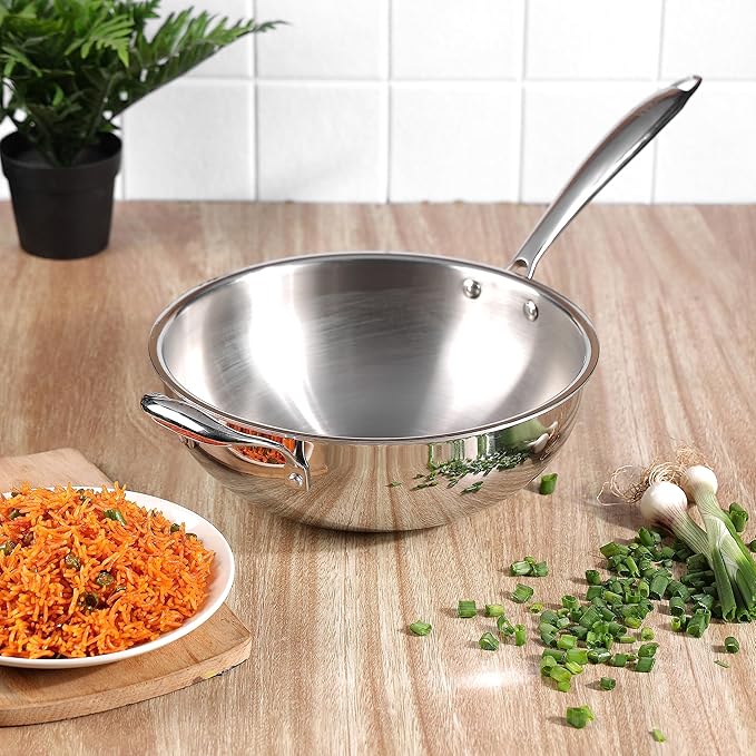 Vinod Platinum Triply Stainless Steel Wok - 3 Litre, 26 cm | Riveted Handle | Stir, Shallow Fry/Noodles/Curry/Fried Rice | Induction Base | - Silver