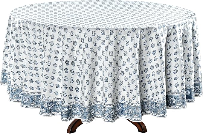 Ridhi Block Print Round Sky Beau Blue Reusable Tablecloth 100% Cotton 110" Inch Decorative Table Cover eveyday Dining, Home, Party, Wedding, Farmhouse Gift for Spring, Easter, Valentine