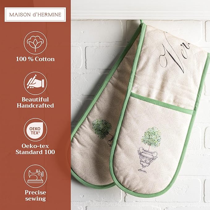Maison d' Hermine Double Oven Mitts 100% Cotton 7"x35" Double Oven Mitt Heat Resistant BBQ Cooking Gloves with Loop, Baking, Grilling, Home, Kitchen, Handling Hot Pans Spring Summer (Jardin Du Roy)