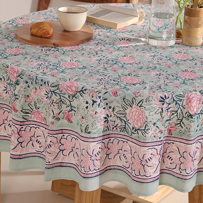 Hand Block Printed Table Cover - Exquisite Design, Premium Cotton Fabric, Perfect for Dining and Decor, Dining Table Linen(Mint Green,6 Seater 72 Inches Round)