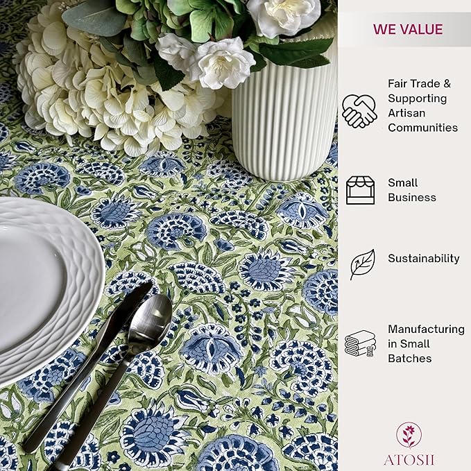 ATOSII Amara 100% Cotton Fall Tablecloth, Handblock Floral Print Rectangle Linen for Kitchen Dining I Parties Wedding Christmas Outdoors Easter I Spring Summer 72 X 140 Inches I 12 Seater