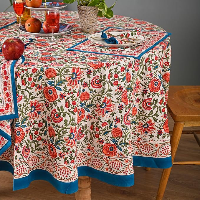 Hand Block Printed Cotton Tablecloth – Elegant Floral Design Perfect for Dining Table Kitchen Parties Home Decor, Wall Tapestry (Peach Floral, 10 Seater 108 Inches Round)