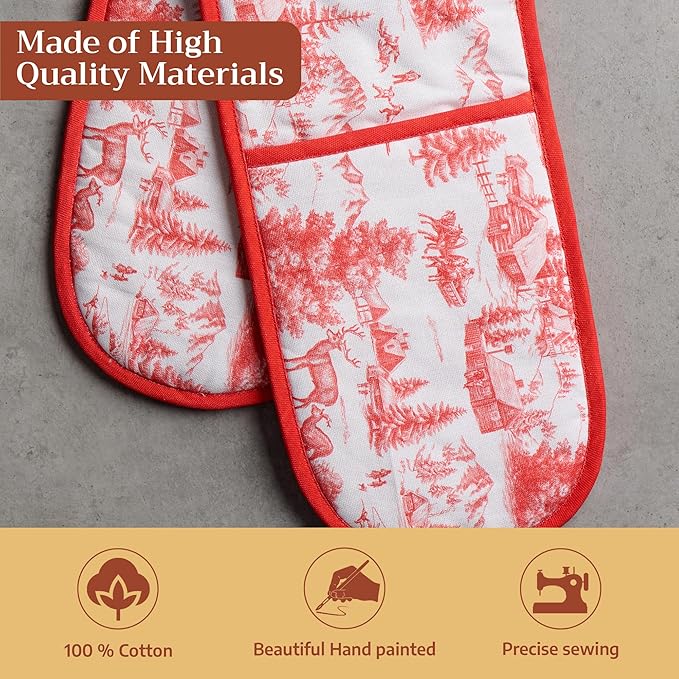 Maison d' Hermine Double Oven Mitt (7" x 35") 100% Cotton Heat Resistant BBQ Cooking Gloves with Loop for Thanksgiving Christmas Decorations Baking Cooking Barbeque Handling Hot Pan (Winter Jouy)