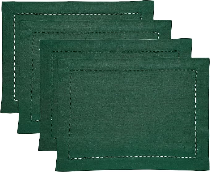 Solino Home Linen Placemats Set of 4 - Classic Hemstitch Rainforest Green Placemats 14 x 19 Inch - 100% Pure Linen Table Mats for Winter, St Patricks Day