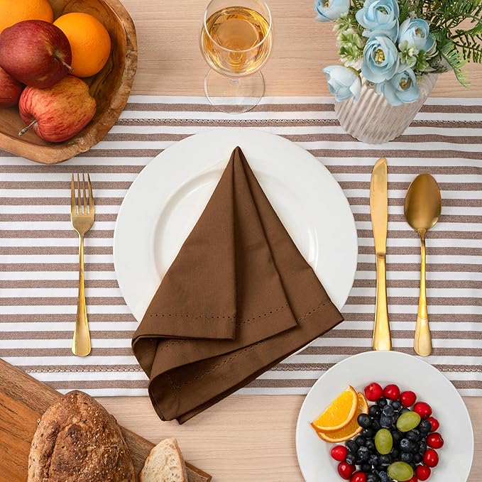 Blue Needles Set of 6 Hemstitch Linen Napkins 100% Cotton Nut Brown Cloth Dinner Napkins 18x18 inches, Soft, Reusable, Absorbent, Washable, Ideal for Wedding Events, Parties & Everyday Use