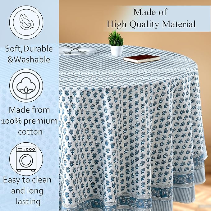 CPC Round Tablecloth- Cotton Indian Block Print Tablecloth -Handmade Printed Washable Cotton Table Cloth - Spring/Summer, Wedding Table Cover - Apatite Blue 132 Inch