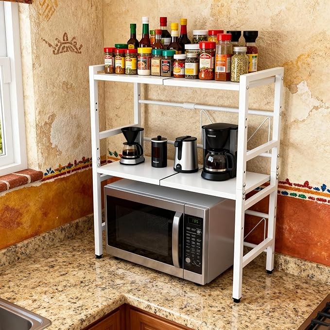 Microwave Oven Rack, Microwave Shelf Expandable Microwave Stand Countertop Kitchen Utensils, Bakers Rack, Carbon Steel Over Microwave Shelf Countertop with 6 Hooks (White, 3 Tier)