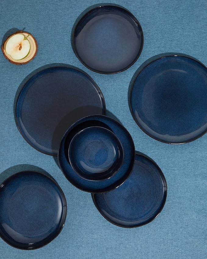 24 Pieces Dinnerware Set for 6 with Pasta Bowls, Complete Ceramic Dish Set, Stackable & Glossy Stoneware Plate and Bowl Set for Effortless Everyday Hosting, Starry Blue