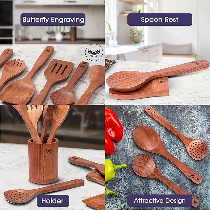 Wooden Kitchen Cooking Utensils Set | 9 Piece Spatula Set with Spoon Rest, Holder & 7 Hooks | Acacia Wood Non Toxic Serving Spoons | Christmas gifts