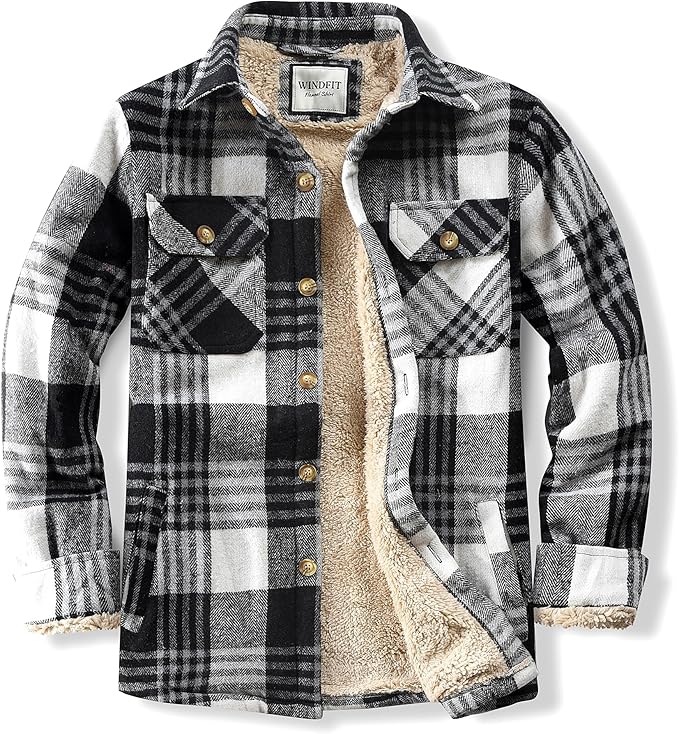 Men's Cotton Sherpa Lined Button Down Flannel Shirt Jacket Plaid Soft Outdoor Flannel Jacket Shirt