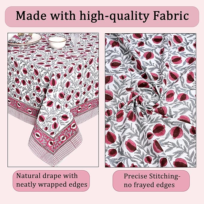 Ridhi Hand Block Print Sangria Red Rectangle Cotton Tablecloth 140" x 72" Reusable Table Cover Decorative Everyday Use for Dining, Farmhouse, Home Gift for Spring, Easter, Valentine