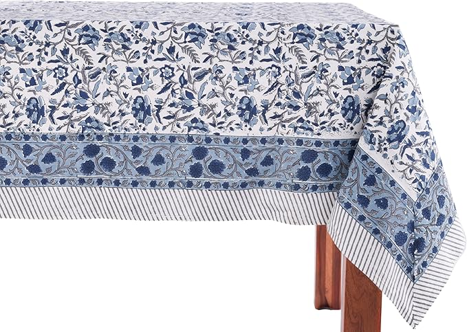 ATOSII Jodhpur Blue 100% Cotton Rectangle Tablecloth, Handblock Floral Linen Table Cloth for Kitchen Dining Table I Parties Wedding Outdoors I Home Decor 60 X 90 Inches