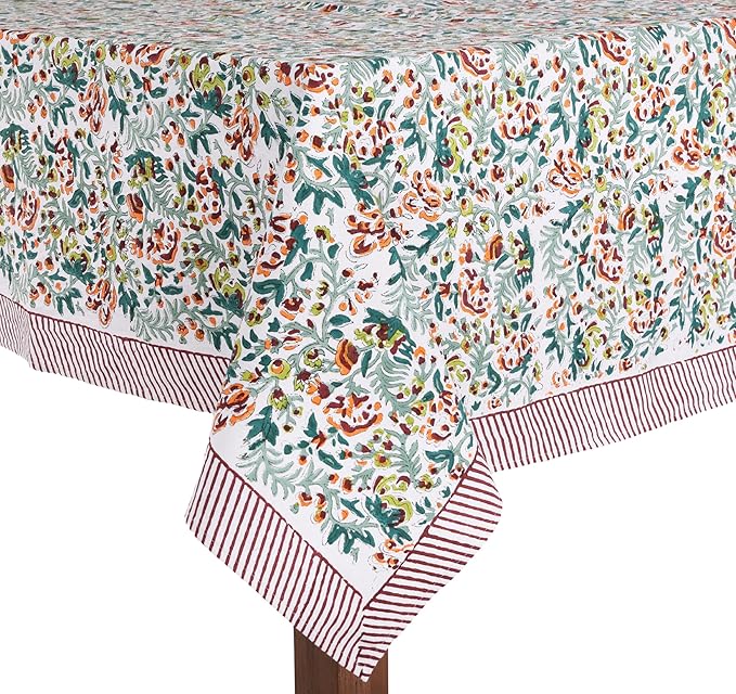 ATOSII Ambrosia Green 100% Cotton Rectangle Fall Tablecloth, Handblock Floral Print Linen Table Cloth for Kitchen Dining I Parties, Outdoors, Christmas, Thanksgiving I 72 X 120 Inches I 10 Seater