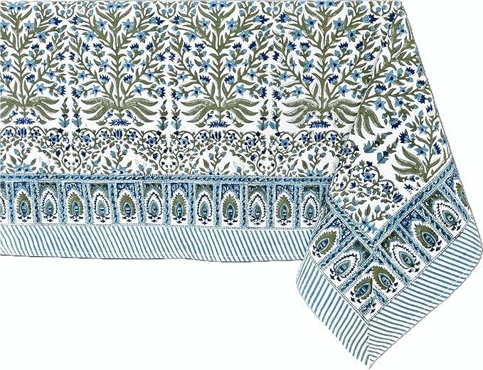 ATOSII Nargis Blue 100% Cotton Rectangle Summer Tablecloth, Indian Block Print Floral Table Cloth I Dining Parties Weddings Outdoors Holidays 60 X 108 Inches 8 Seater I Grandmillennial Farmhouse Boho