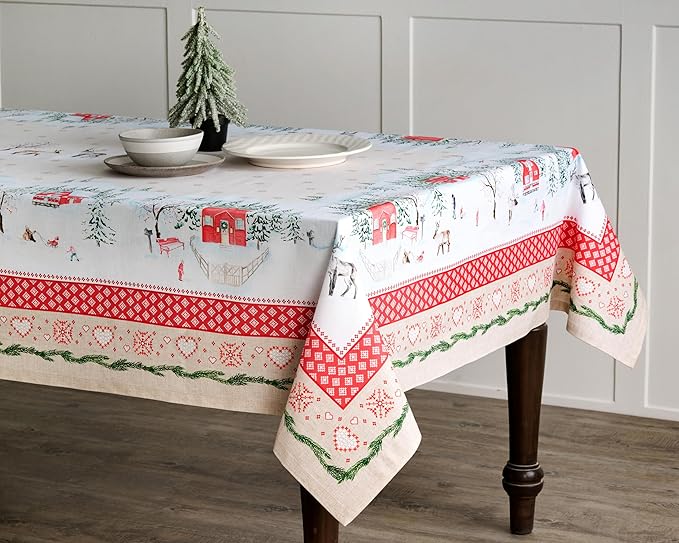 Maison d' Hermine Table Cloth Rectangle Table 100% Cotton 60 x 120 Inches Fall Tablecloth Reusable Everyday Use for Thanksgiving Christmas Decorations Dining Farmhouse Party (Rural Christmas)