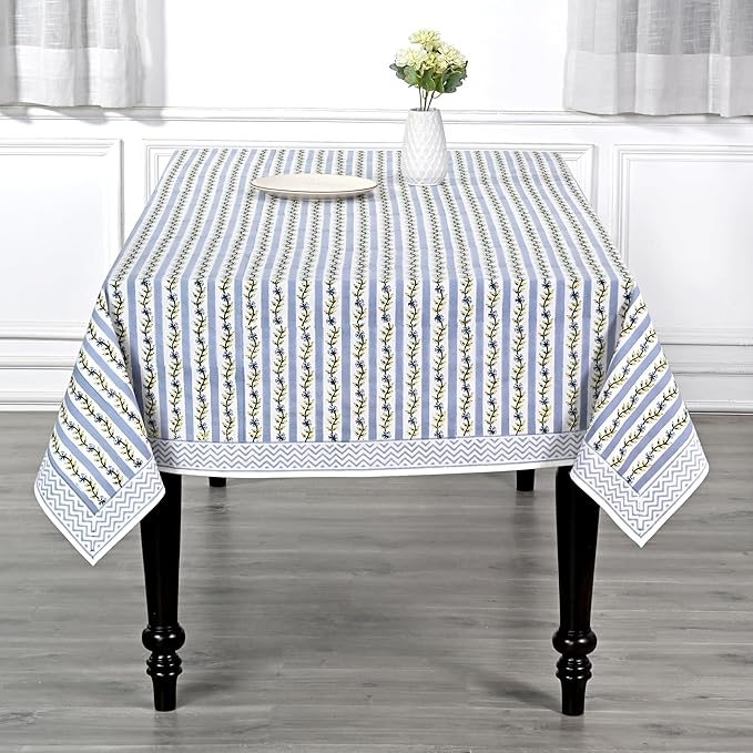 Ridhi Hand Block Print Dolphin Gray Rectangle Cotton Tablecloth 120" x 80" Reusable Table Cover Decorative Everyday Use for Dining, Farmhouse, Home Gift for Spring, Easter, Valentine