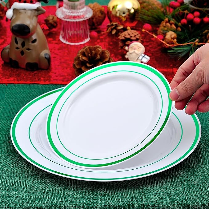 300PCS Green Dinnerware Set, 50 Guests White and Green Plastic Plates, Fancy Plastic Plate-50 Dinner Platos, 50 Dessert Platos, 50 Silverware Set, 50 Cups for Party Wedding